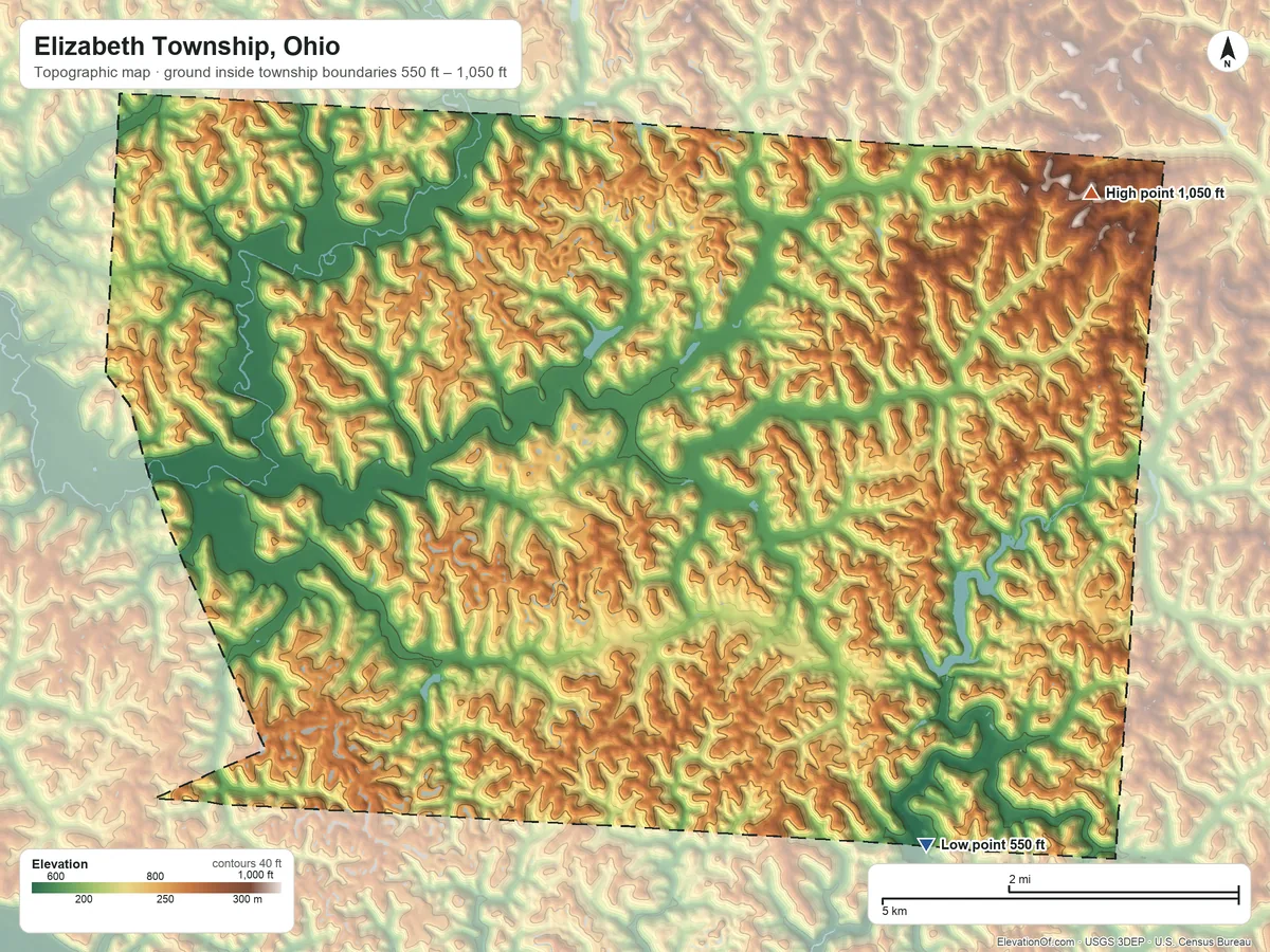 Topographic elevation map of Elizabeth Township, Ohio, shaded from 550 ft on the southeast side to 1,050 ft on the northeast side