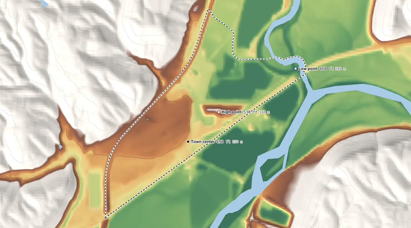 Topographic elevation map of Elizabethtown, Ohio, shaded from 460 ft on the northeast side to 530 ft on the northeast side