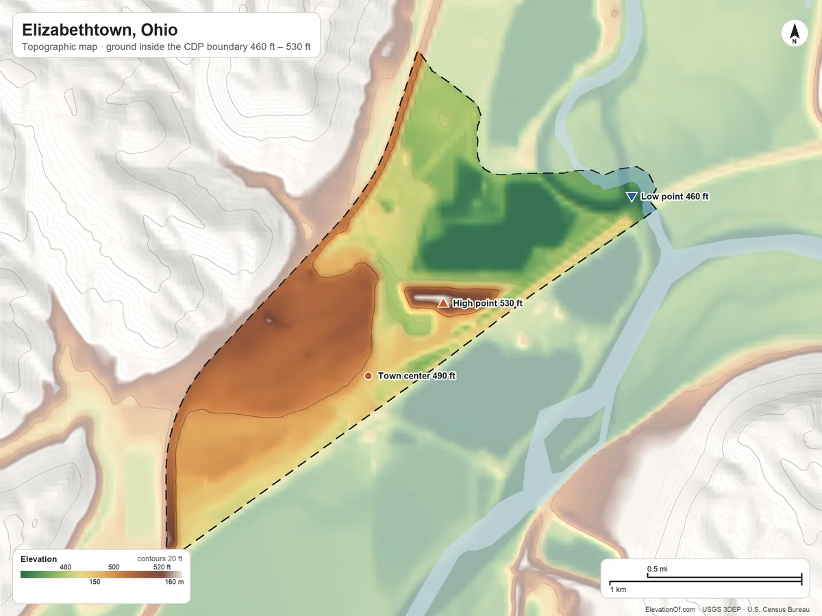 Topographic elevation map of Elizabethtown, Ohio, shaded from 460 ft on the northeast side to 530 ft on the northeast side