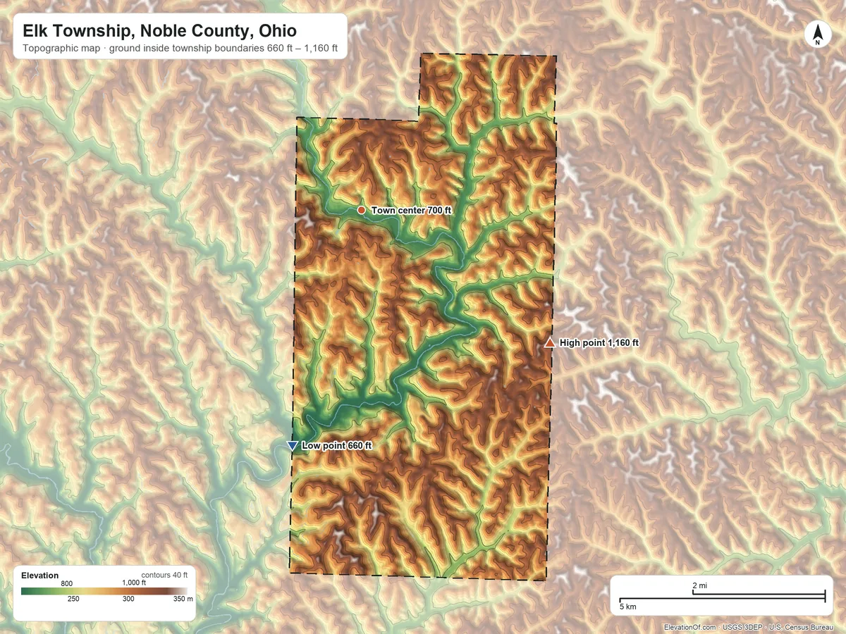 Topographic elevation map of Elk Township, Noble County, Ohio, shaded from 660 ft on the south side to 1,160 ft on the southeast side