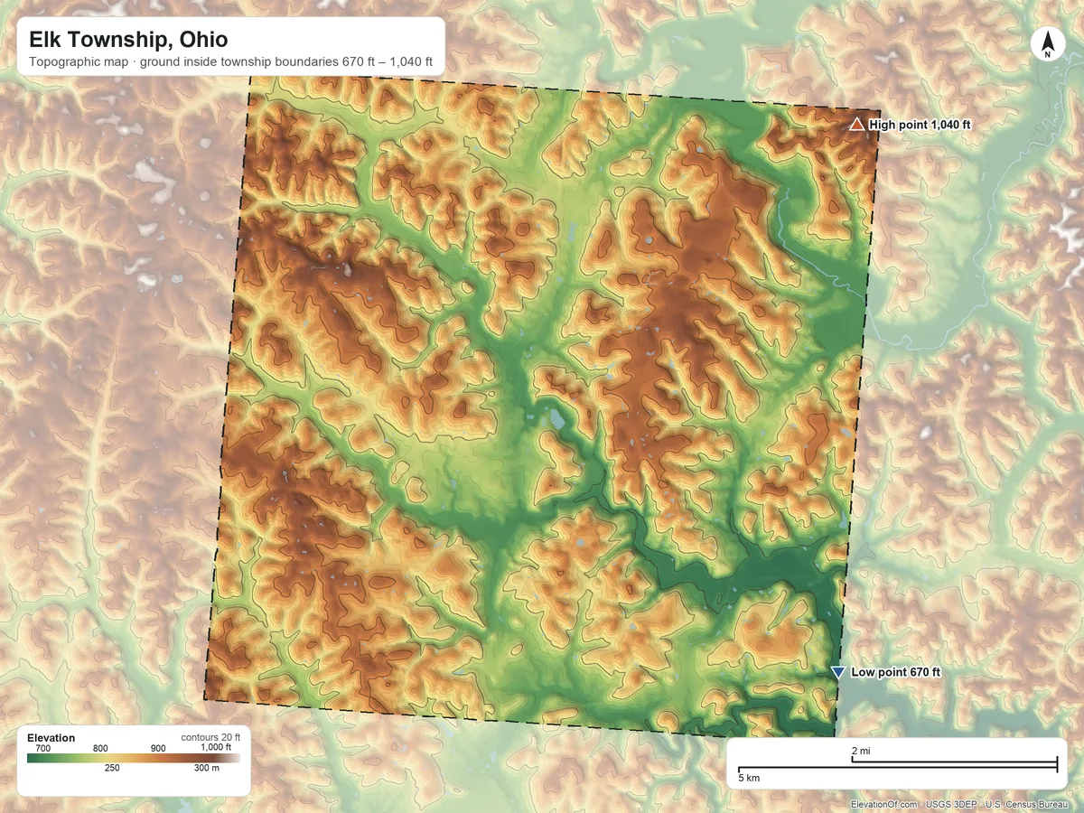 Topographic elevation map of Elk Township, Ohio, shaded from 670 ft on the southeast side to 1,040 ft on the northeast side