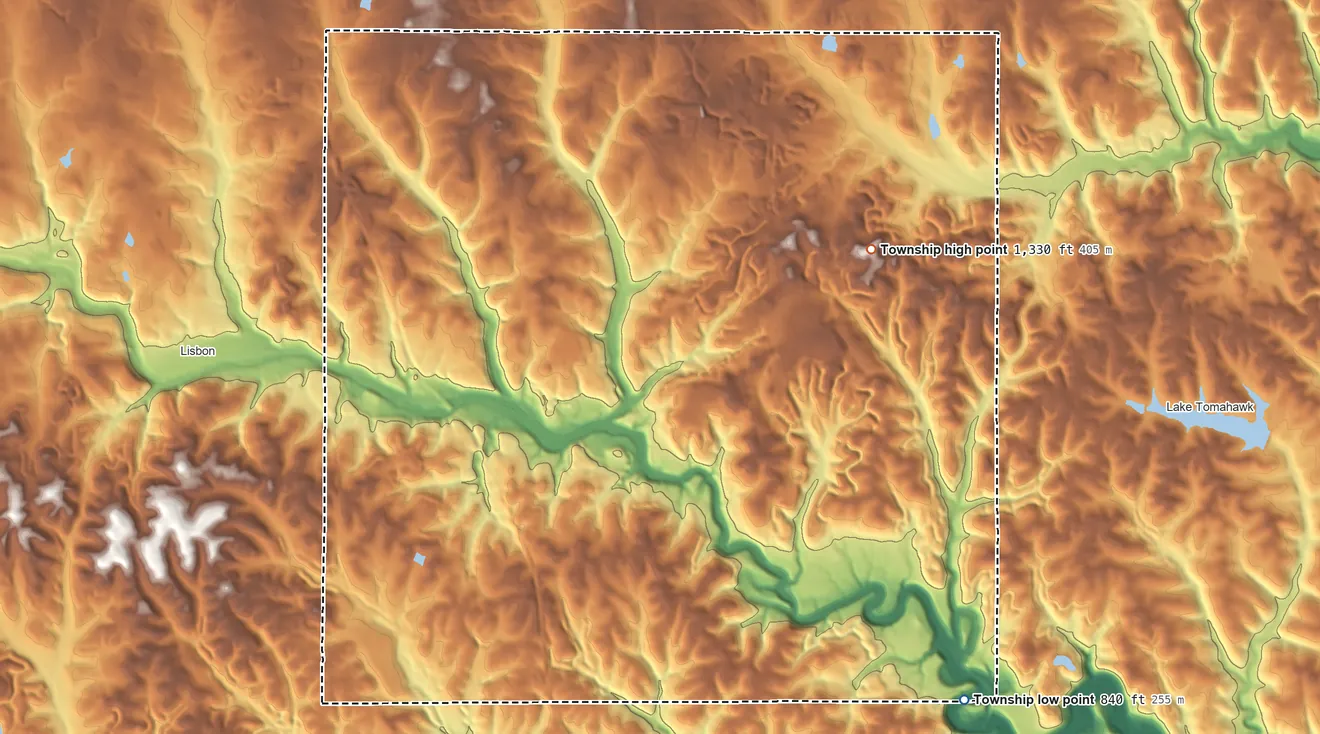 Topographic elevation map of Elkrun Township, Ohio, shaded from 840 ft on the southeast side to 1,330 ft on the east side