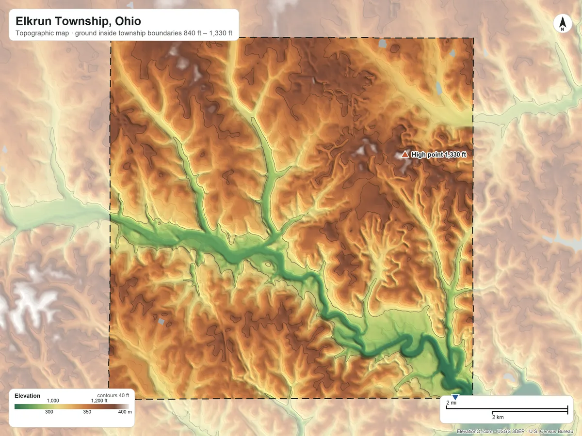 Topographic elevation map of Elkrun Township, Ohio, shaded from 840 ft on the southeast side to 1,330 ft on the east side