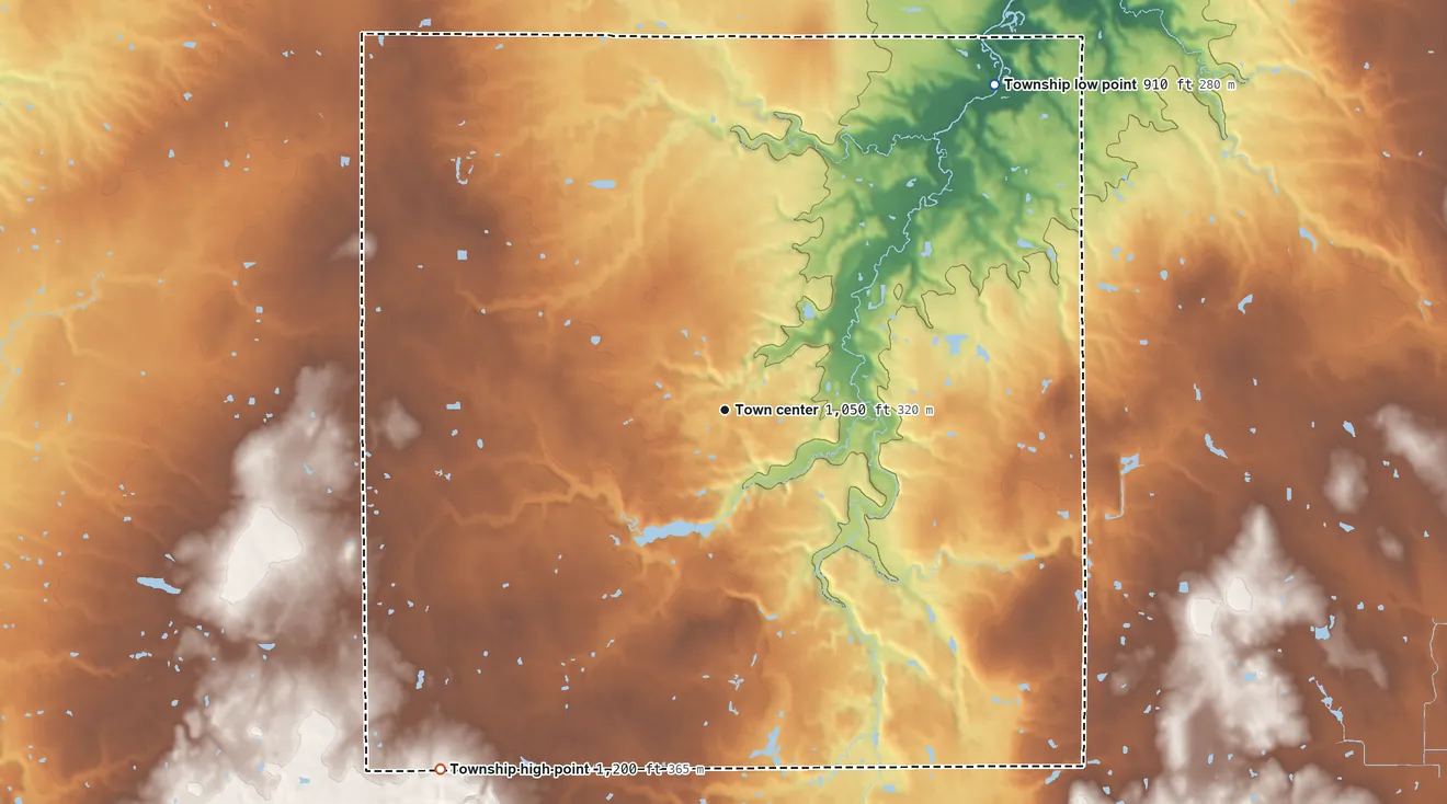 Topographic elevation map of Ellsworth Township, Ohio, shaded from 910 ft on the northeast side to 1,200 ft on the southwest side