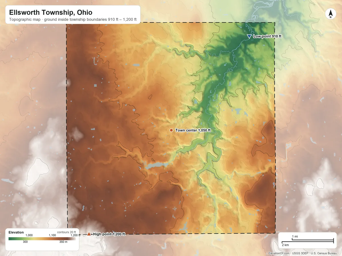 Topographic elevation map of Ellsworth Township, Ohio, shaded from 910 ft on the northeast side to 1,200 ft on the southwest side