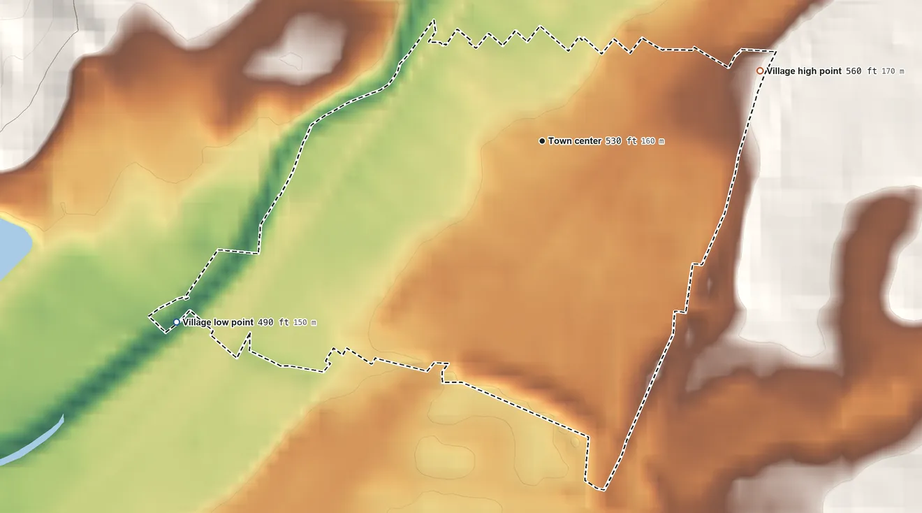 Topographic elevation map of Elmwood Place, Ohio, shaded from 490 ft on the southwest side to 560 ft at the foot of the Clifton Hills