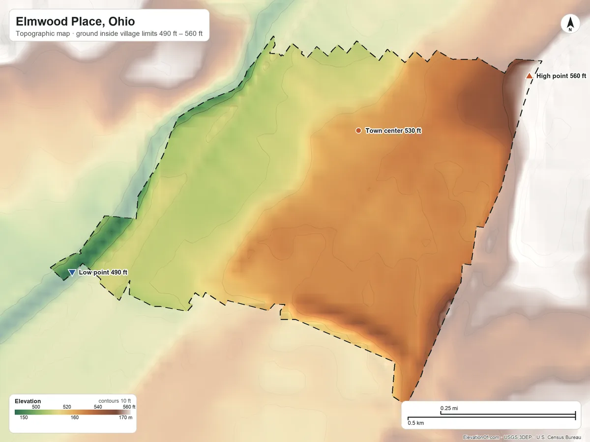 Topographic elevation map of Elmwood Place, Ohio, shaded from 490 ft on the southwest side to 560 ft at the foot of the Clifton Hills