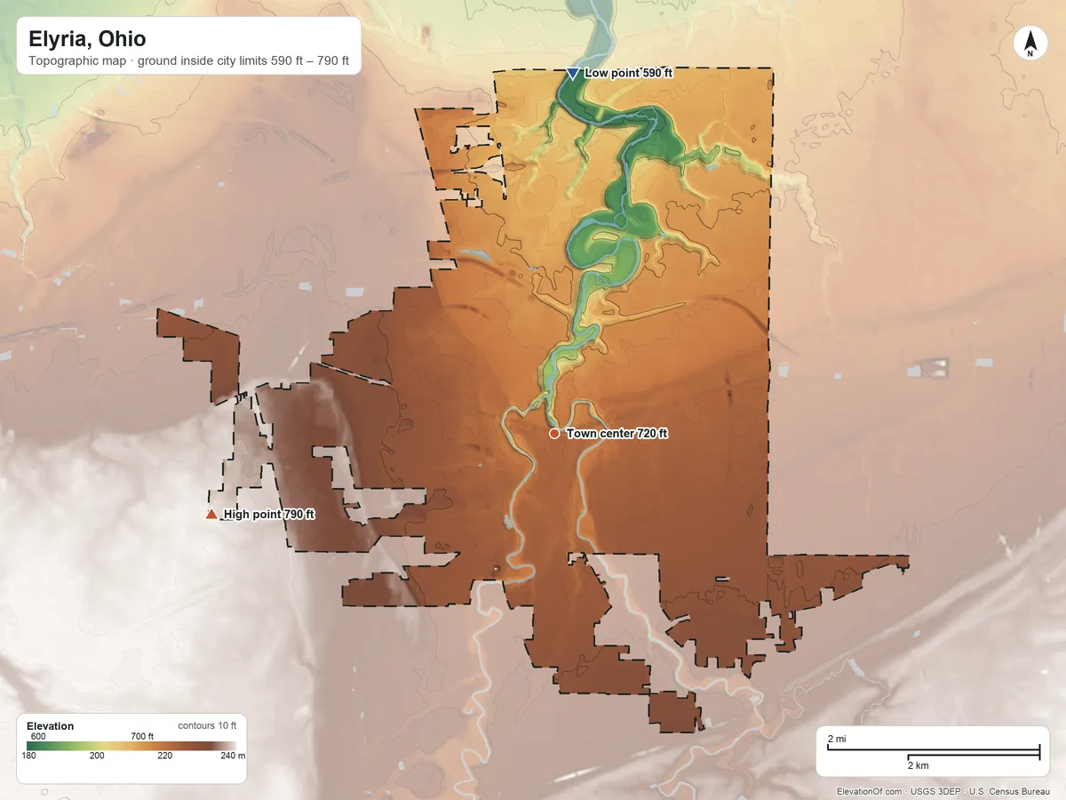 Topographic elevation map of Elyria, Ohio, shaded from 590 ft on the north side to 790 ft on the west side