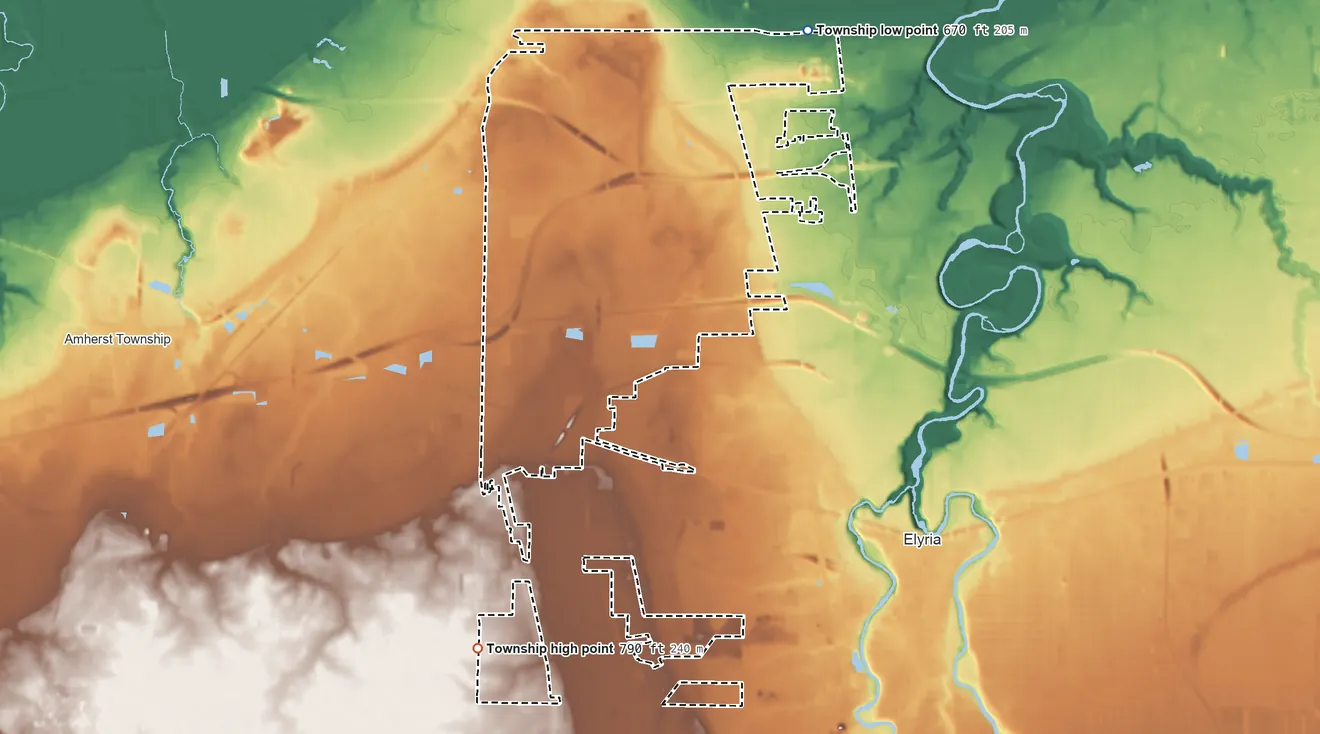 Topographic elevation map of Elyria Township, Ohio, shaded from 670 ft on the northeast side to 790 ft on the southwest side
