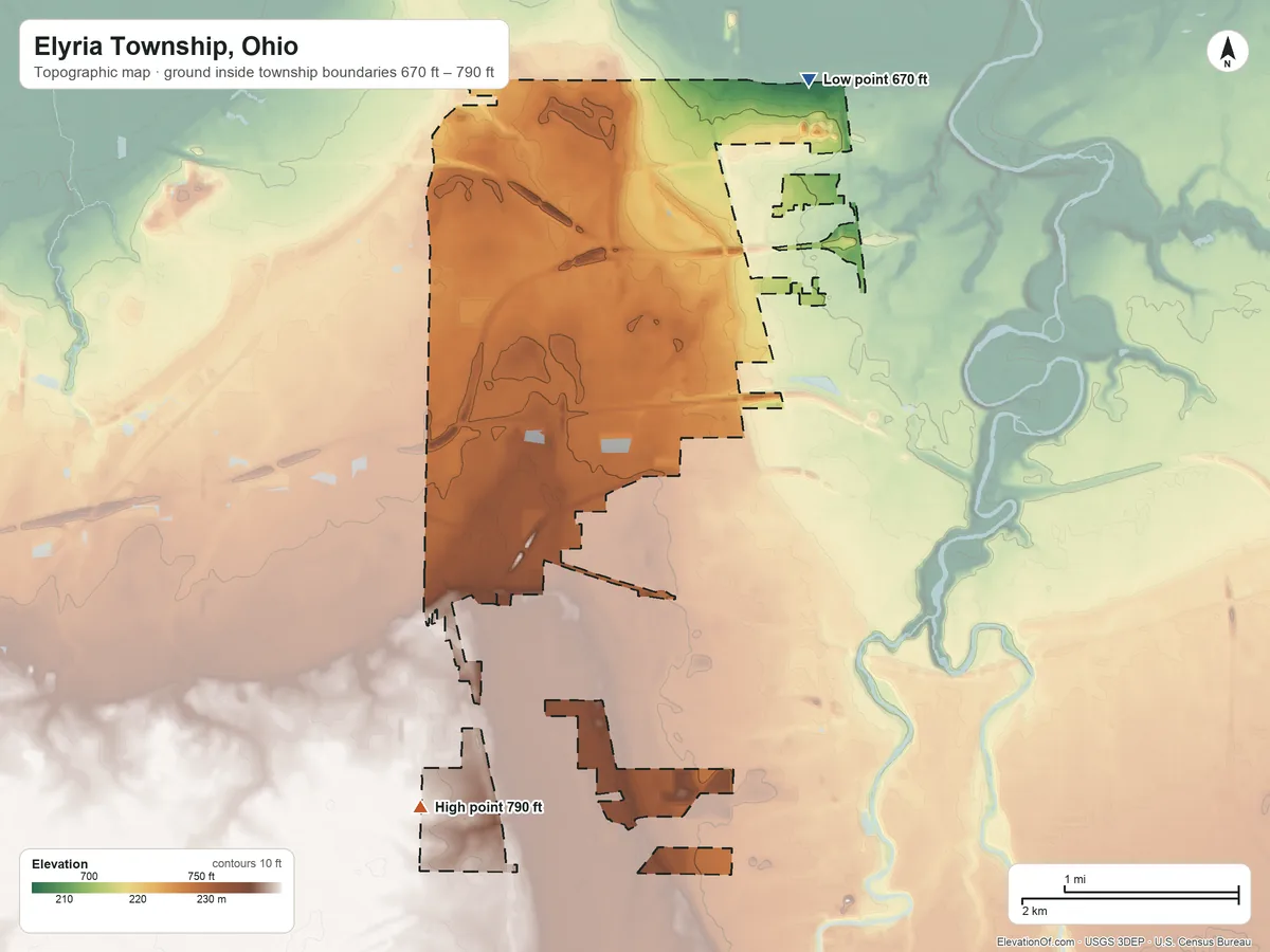 Topographic elevation map of Elyria Township, Ohio, shaded from 670 ft on the northeast side to 790 ft on the southwest side