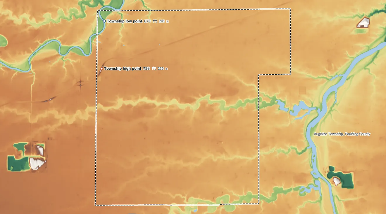 Topographic elevation map of Emerald Township, Ohio, shaded from 670 ft on the northwest side to 750 ft on the west side