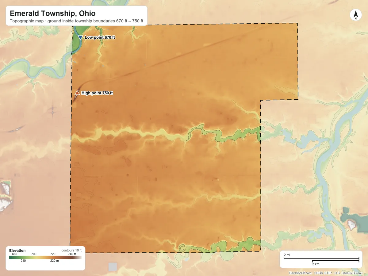 Topographic elevation map of Emerald Township, Ohio, shaded from 670 ft on the northwest side to 750 ft on the west side