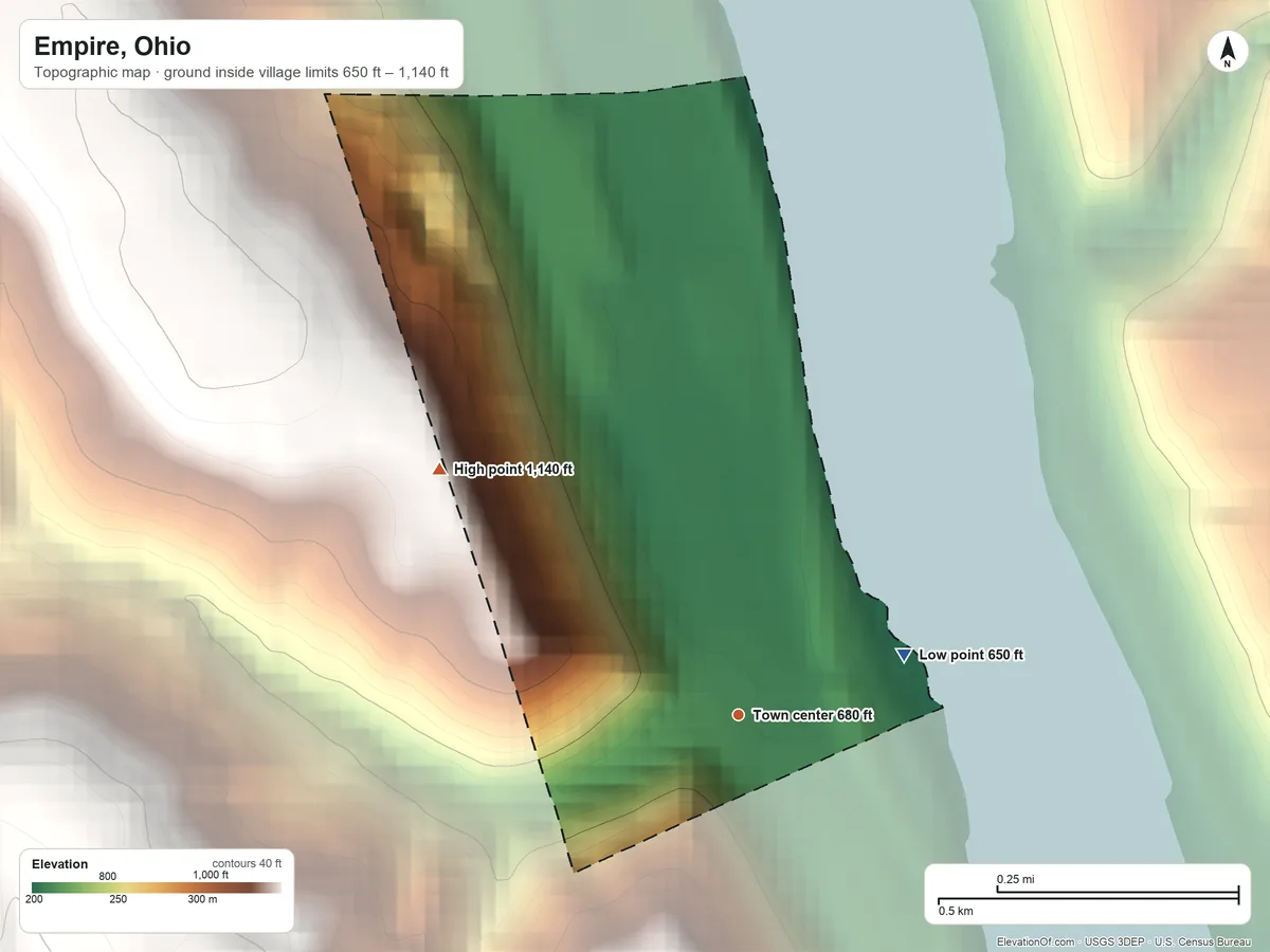 Topographic elevation map of Empire, Ohio, shaded from 650 ft on the east side to 1,140 ft on the northwest side