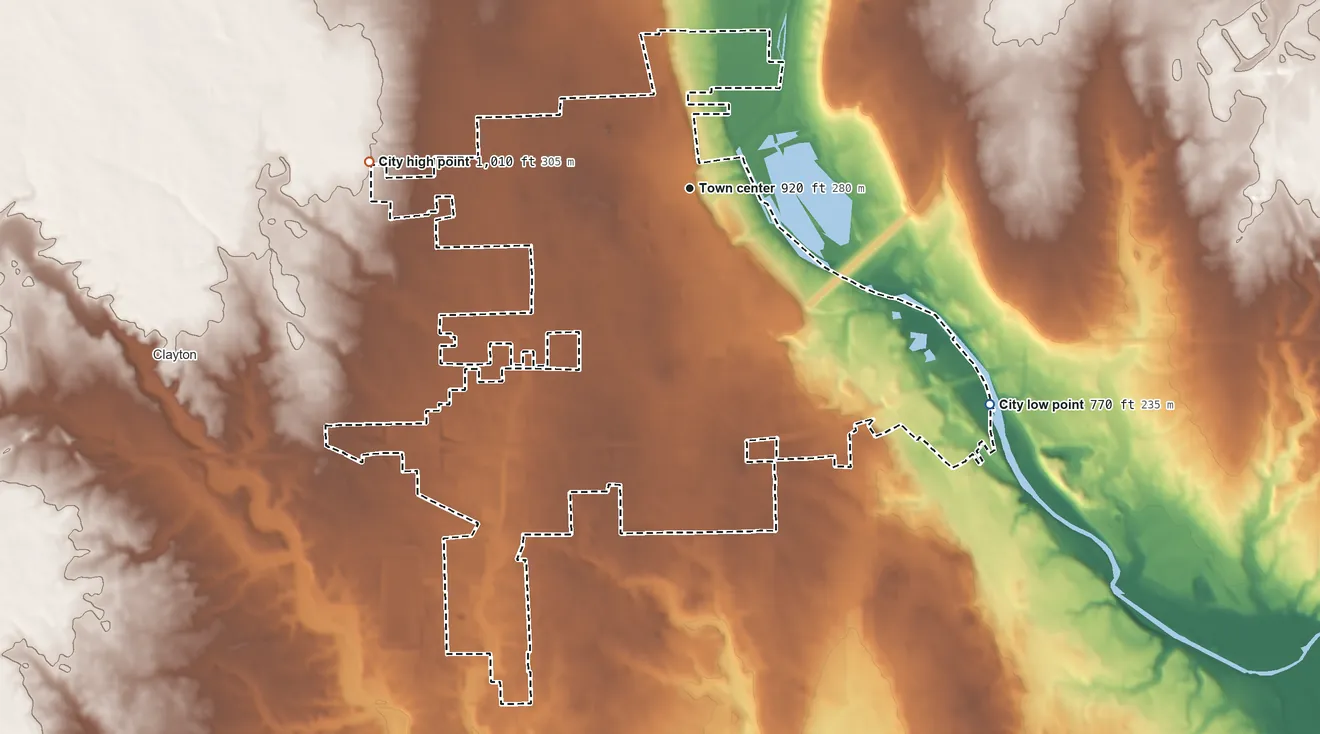 Topographic elevation map of Englewood, Ohio, shaded from 770 ft on the southeast side to 1,010 ft on the west side