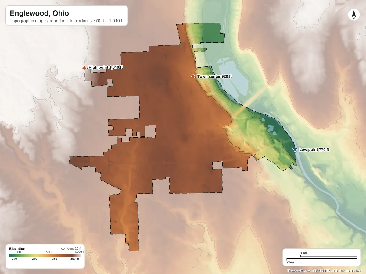 Topographic elevation map of Englewood, Ohio, shaded from 770 ft on the southeast side to 1,010 ft on the west side