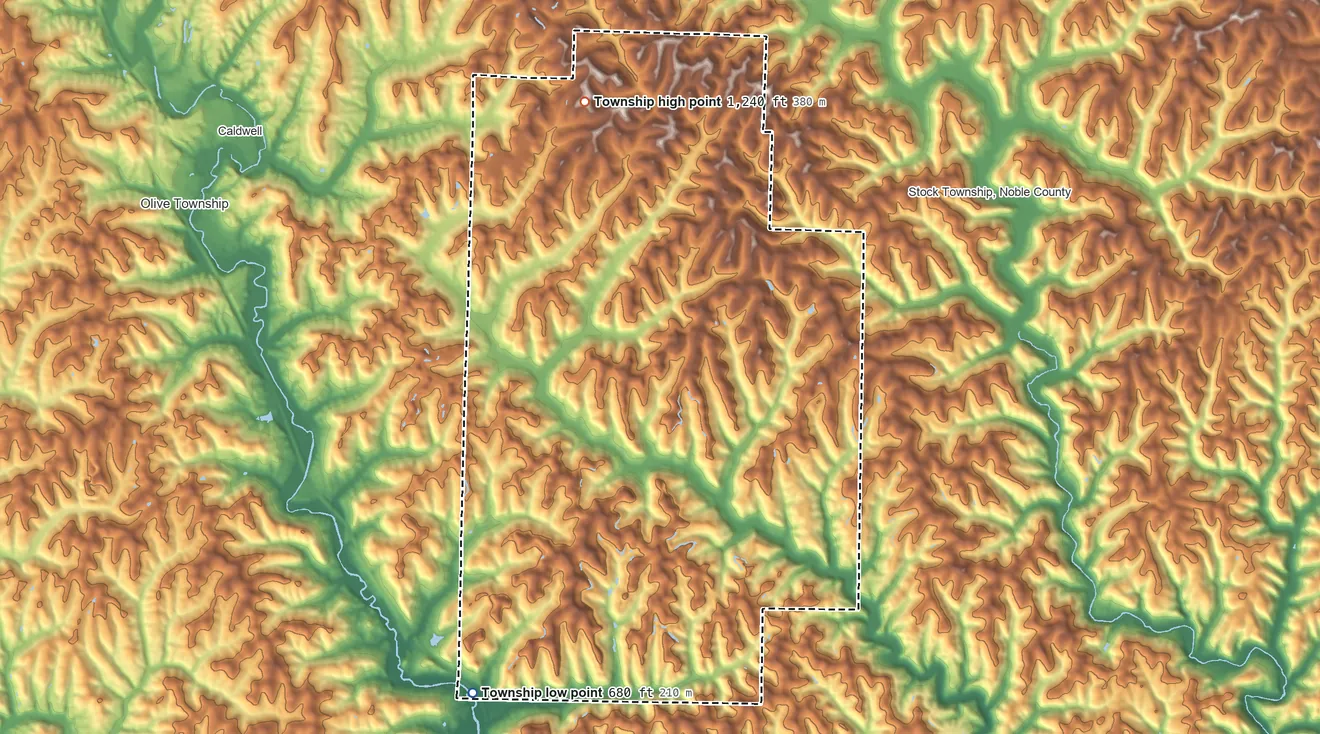 Topographic elevation map of Enoch Township, Ohio, shaded from 680 ft on the southwest side to 1,240 ft on the north side