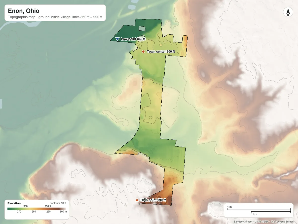 Topographic elevation map of Enon, Ohio, shaded from 860 ft on the northwest side to 990 ft on the south side
