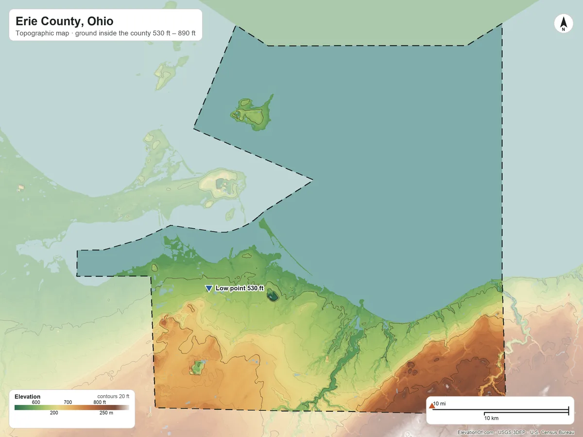 Topographic elevation map of Erie County, Ohio, shaded from 530 ft on the southwest side to 890 ft on the southeast side