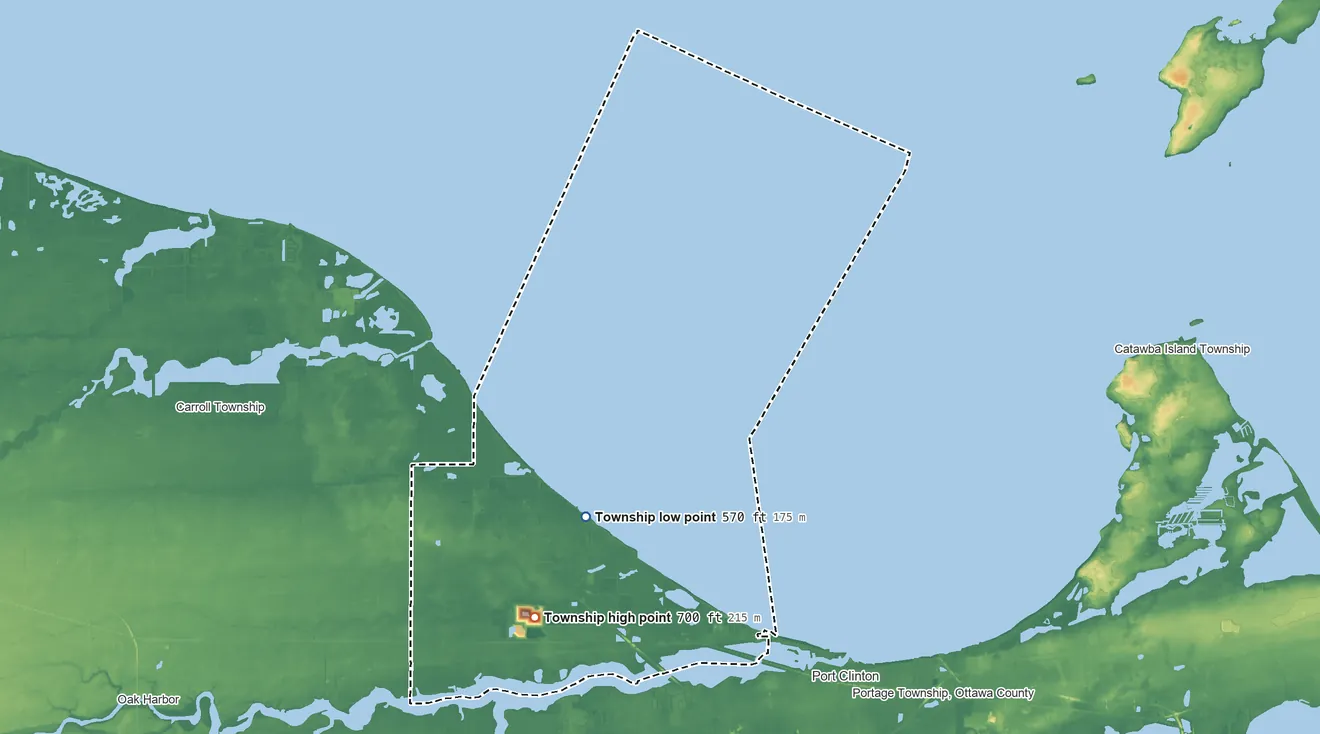 Topographic elevation map of Erie Township, Ohio, shaded from 570 ft on the shore of Lake Erie to 700 ft near the middle