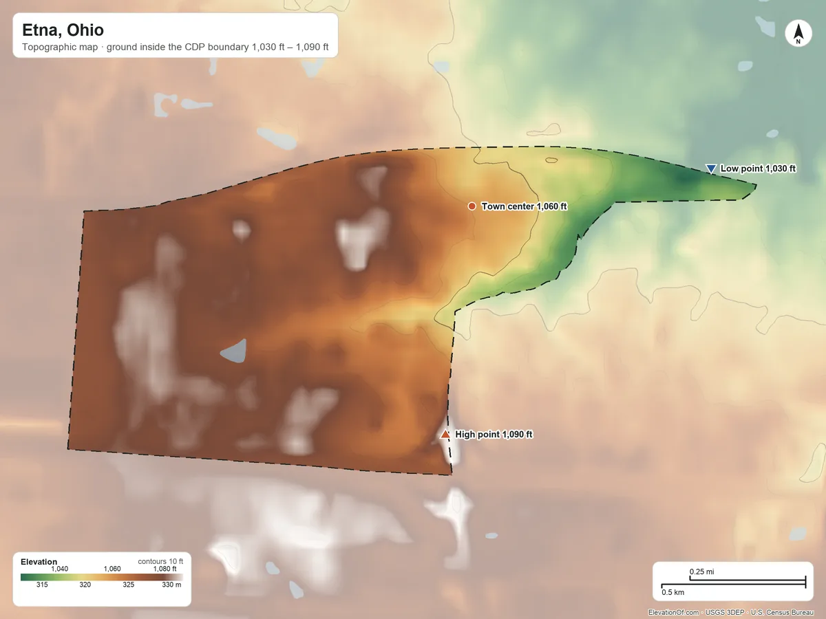 Topographic elevation map of Etna, Ohio, shaded from 1,030 ft on the east side to 1,090 ft on the south side