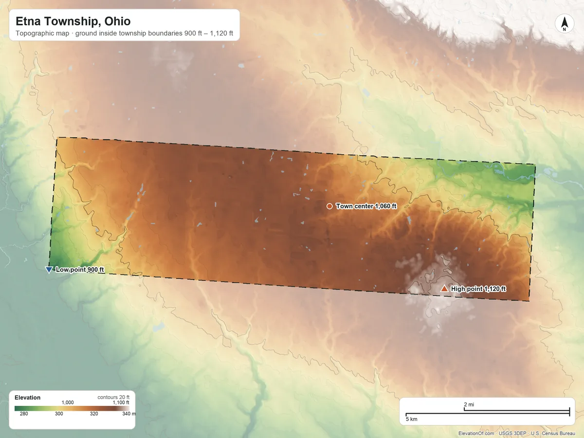 Topographic elevation map of Etna Township, Ohio, shaded from 900 ft on the west side to 1,120 ft on the southeast side
