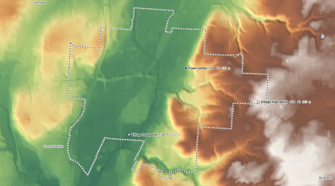 Topographic elevation map of Evendale, Ohio, shaded from 550 ft on the southwest side to 870 ft on the southeast side