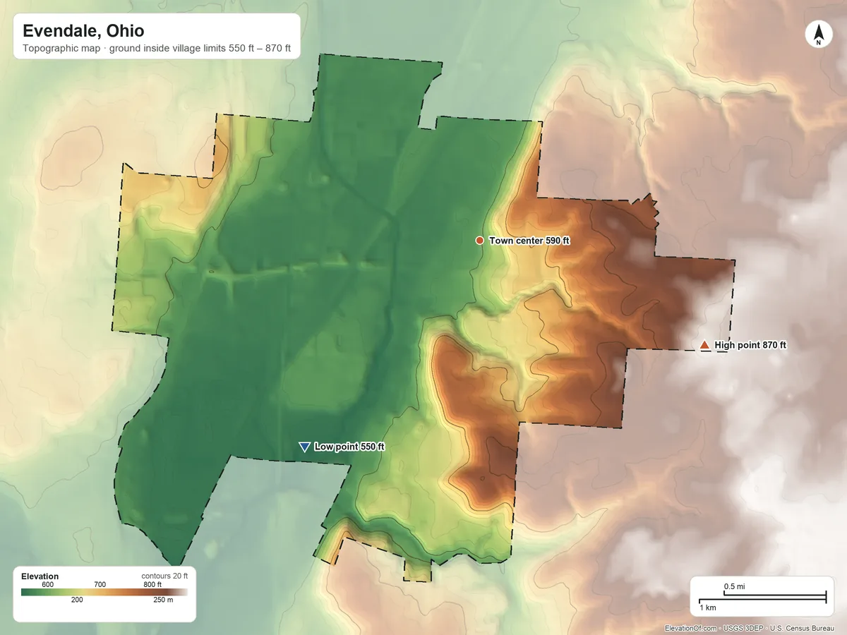Topographic elevation map of Evendale, Ohio, shaded from 550 ft on the southwest side to 870 ft on the southeast side
