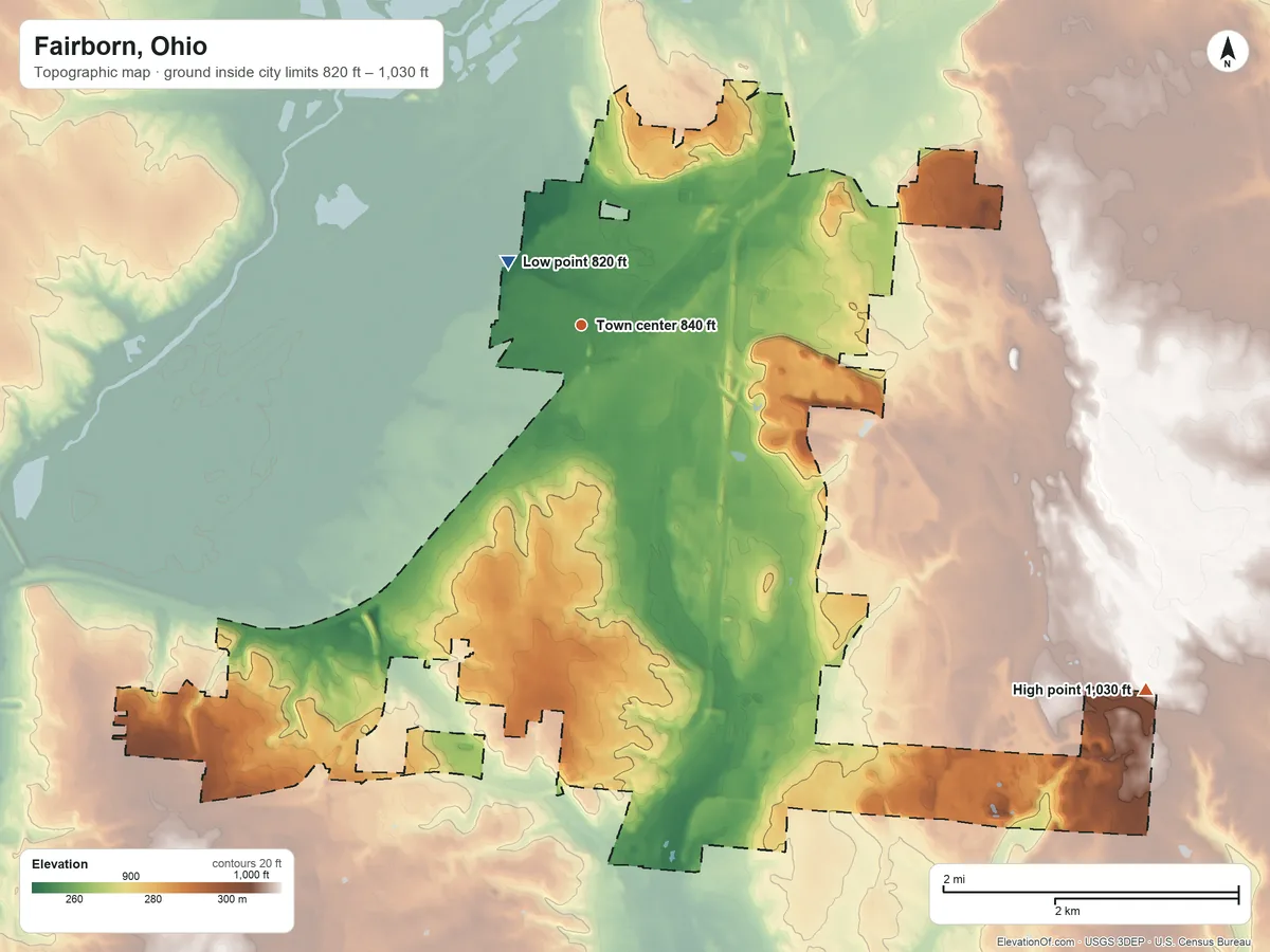 Topographic elevation map of Fairborn, Ohio, shaded from 820 ft near the middle to 1,030 ft on the southeast side