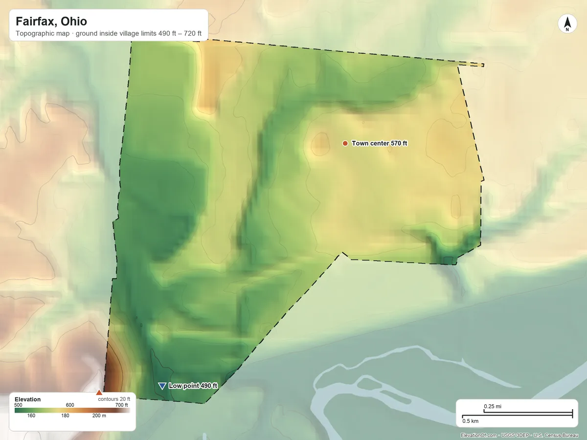 Topographic elevation map of Fairfax, Ohio, shaded from 490 ft on the southwest side to 720 ft on the southwest side
