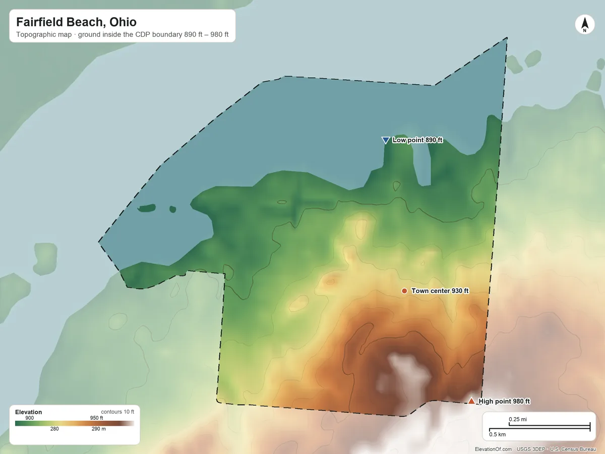 Topographic elevation map of Fairfield Beach, Ohio, shaded from 890 ft on the north side to 980 ft on the southeast side