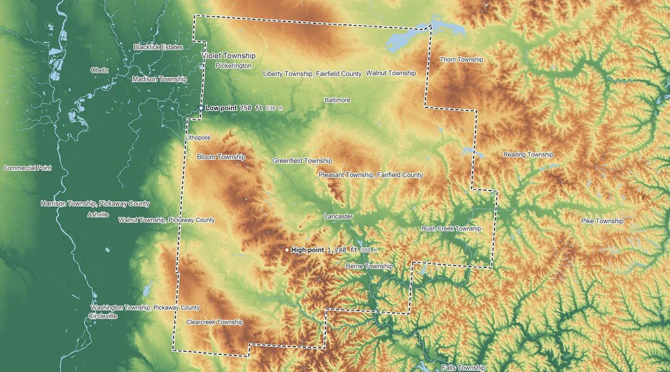 Topographic elevation map of Fairfield County, Ohio, shaded from 750 ft on the northwest side to 1,240 ft on the southwest side