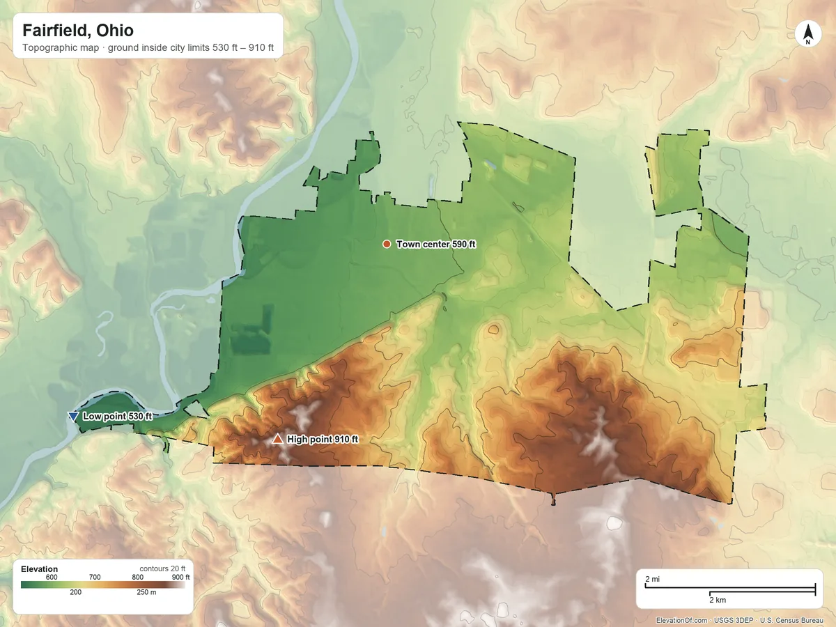 Topographic elevation map of Fairfield, Ohio, shaded from 530 ft on the southwest side to 910 ft on the southwest side