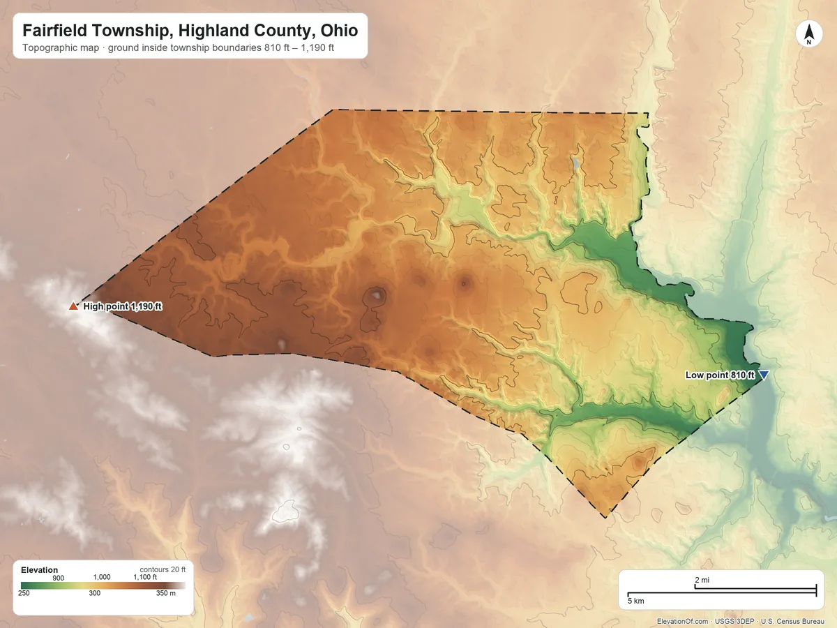 Topographic elevation map of Fairfield Township, Highland County, Ohio, shaded from 810 ft on the east side to 1,190 ft on the west side