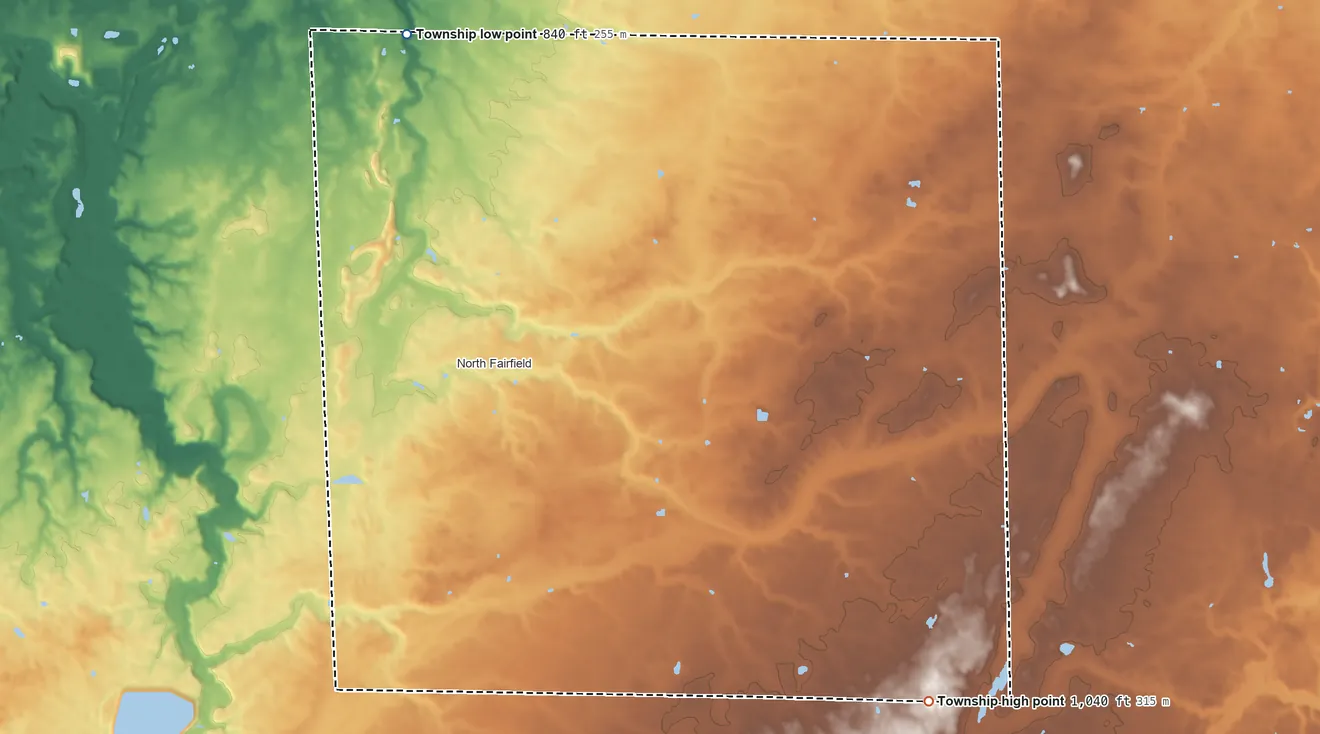 Topographic elevation map of Fairfield Township, Huron County, Ohio, shaded from 840 ft on the northwest side to 1,040 ft on the southeast side