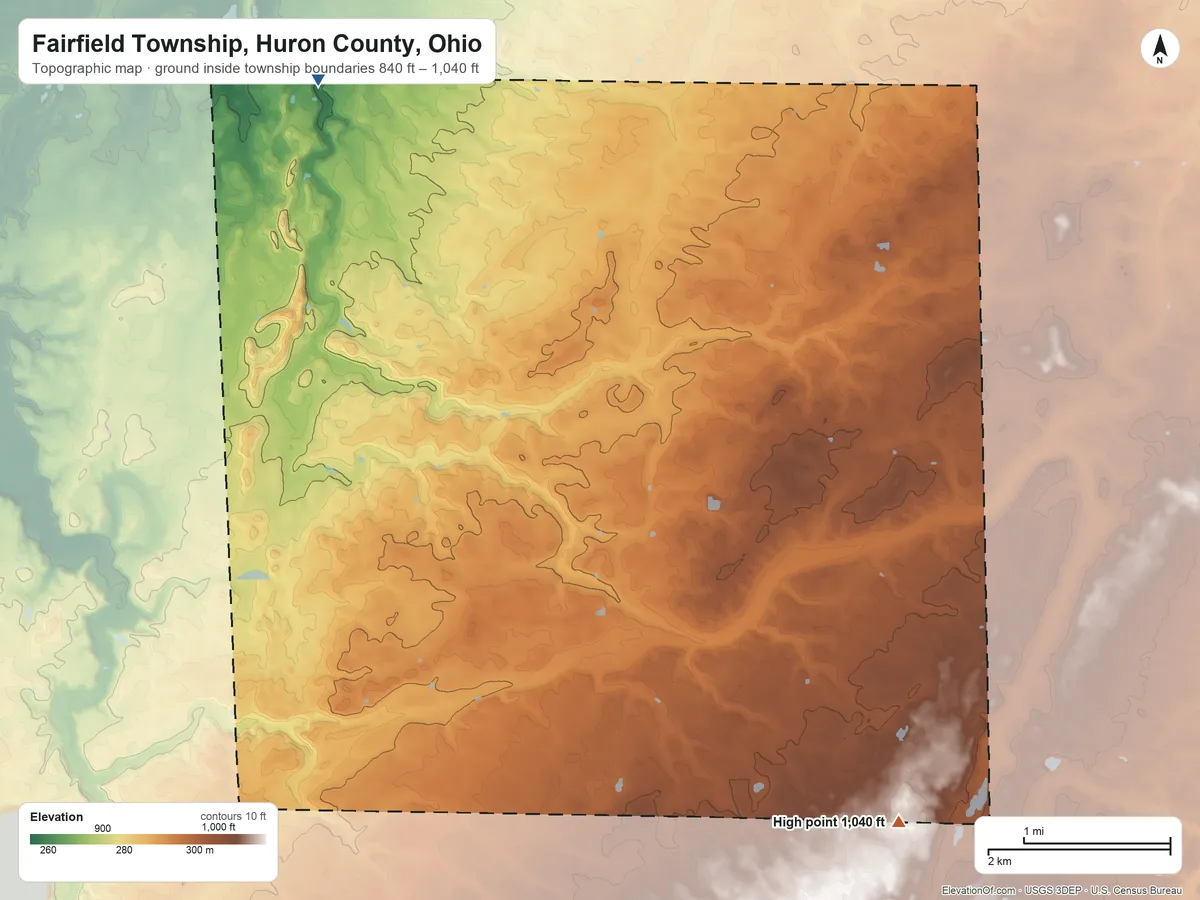 Topographic elevation map of Fairfield Township, Huron County, Ohio, shaded from 840 ft on the northwest side to 1,040 ft on the southeast side