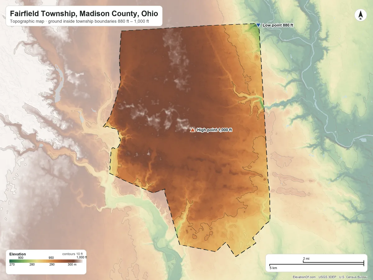 Topographic elevation map of Fairfield Township, Madison County, Ohio, shaded from 880 ft on the northeast side to 1,000 ft on the southwest side