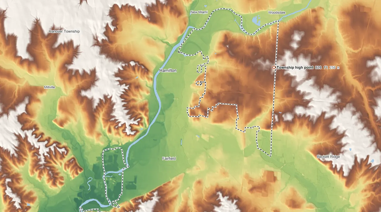 Topographic elevation map of Fairfield Township, Ohio, shaded from 530 ft on the southwest side to 820 ft on the northeast side