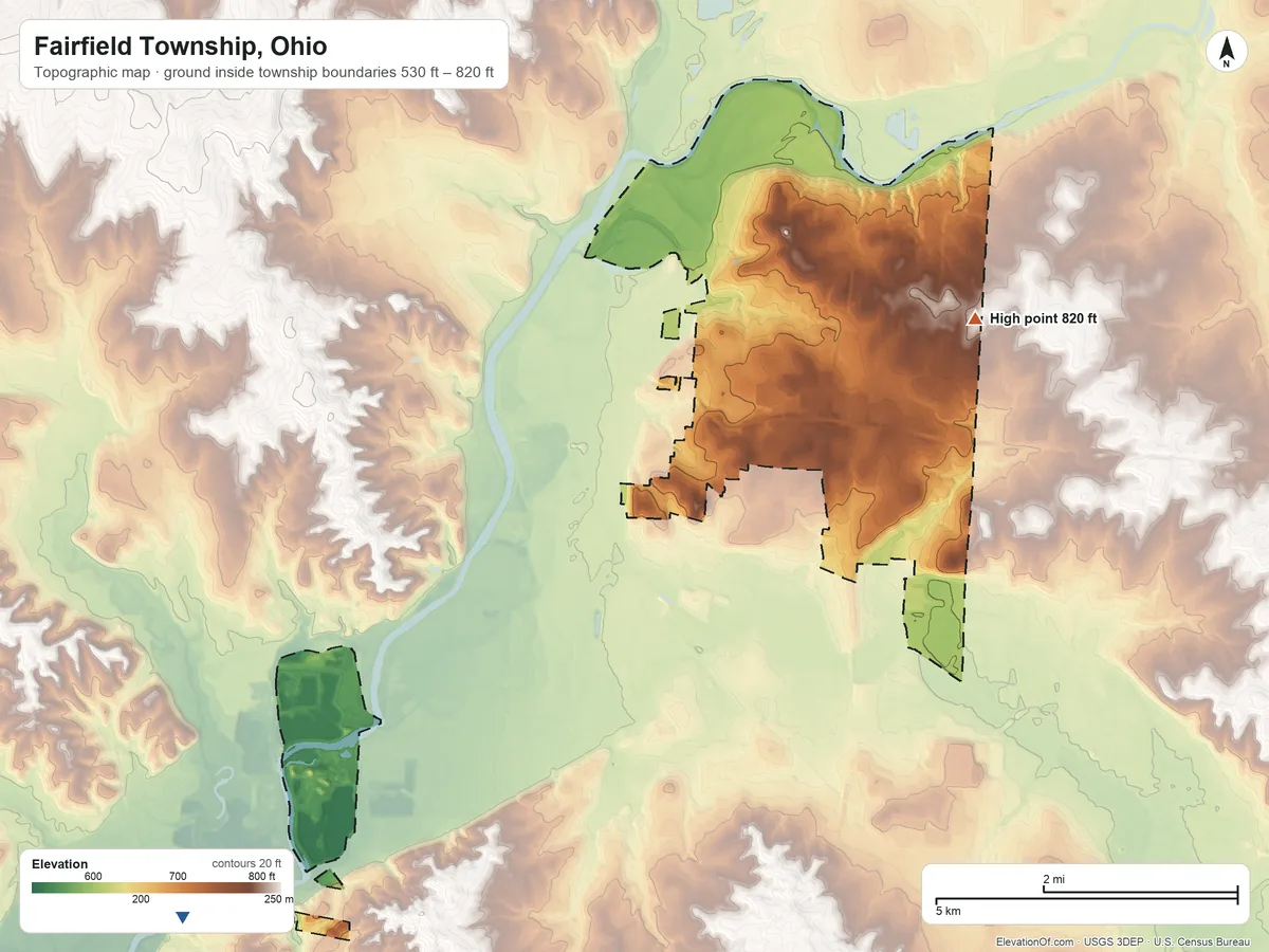 Topographic elevation map of Fairfield Township, Ohio, shaded from 530 ft on the southwest side to 820 ft on the northeast side