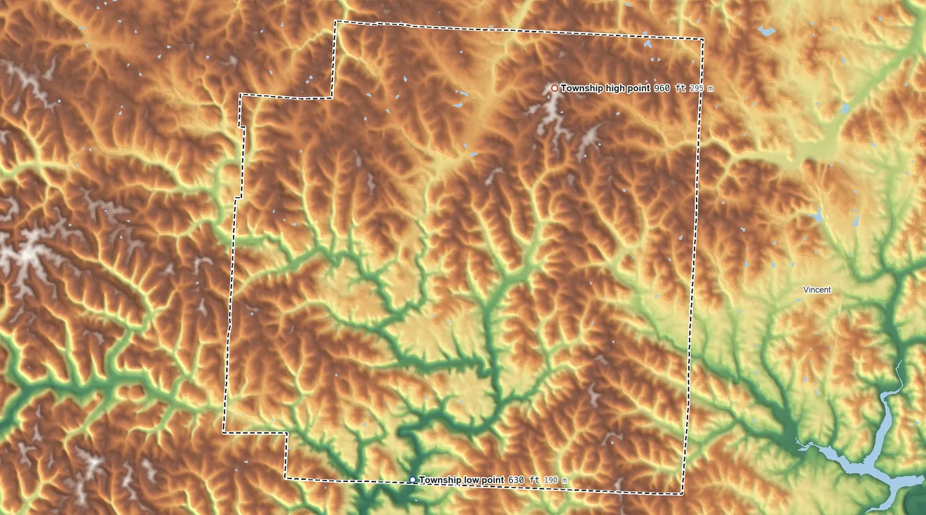 Topographic elevation map of Fairfield Township, Washington County, Ohio, shaded from 630 ft on the southwest side to 960 ft on the north side