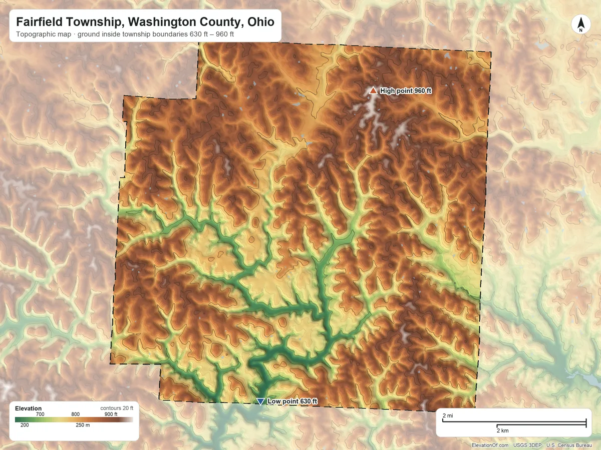 Topographic elevation map of Fairfield Township, Washington County, Ohio, shaded from 630 ft on the southwest side to 960 ft on the north side