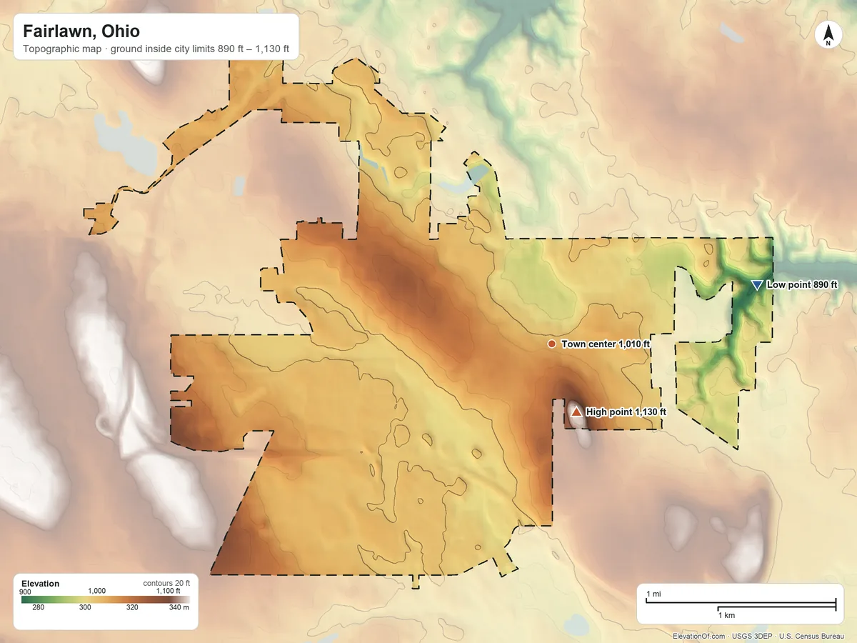 Topographic elevation map of Fairlawn, Ohio, shaded from 890 ft on the east side to 1,130 ft near the middle