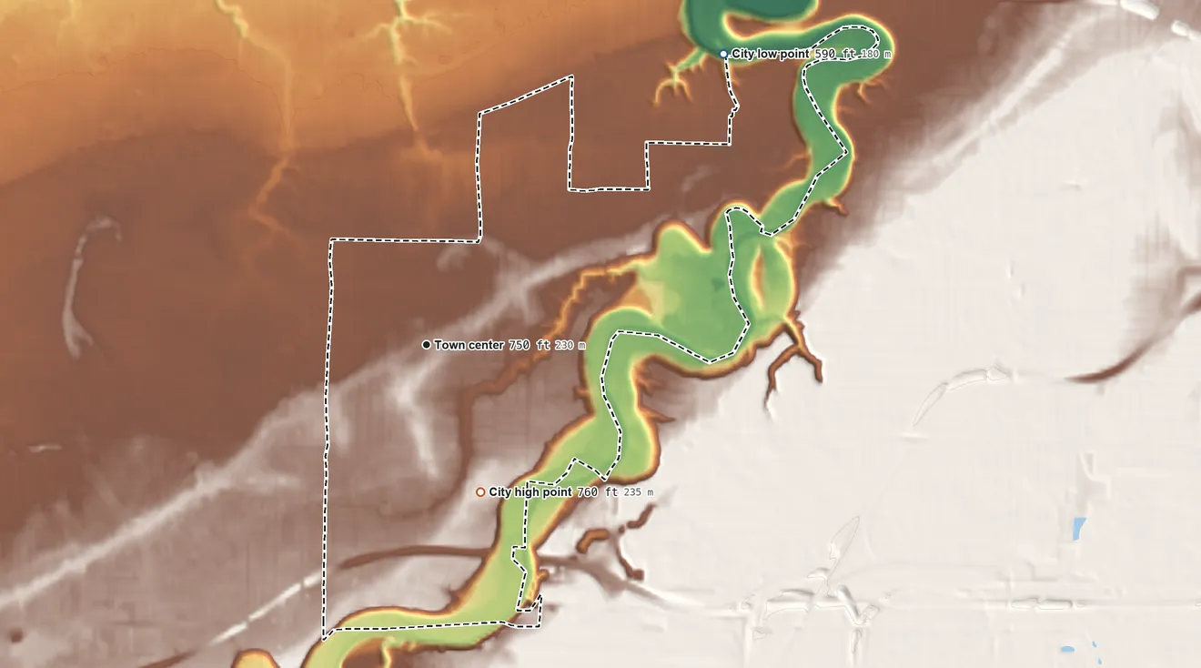 Topographic elevation map of Fairview Park, Ohio, shaded from 590 ft on the northeast side to 760 ft on the south side