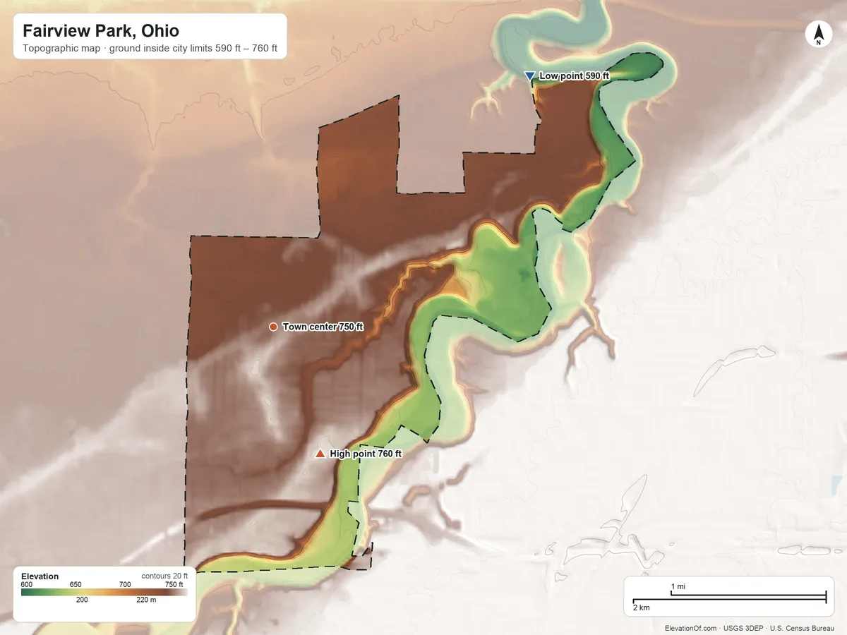 Topographic elevation map of Fairview Park, Ohio, shaded from 590 ft on the northeast side to 760 ft on the south side