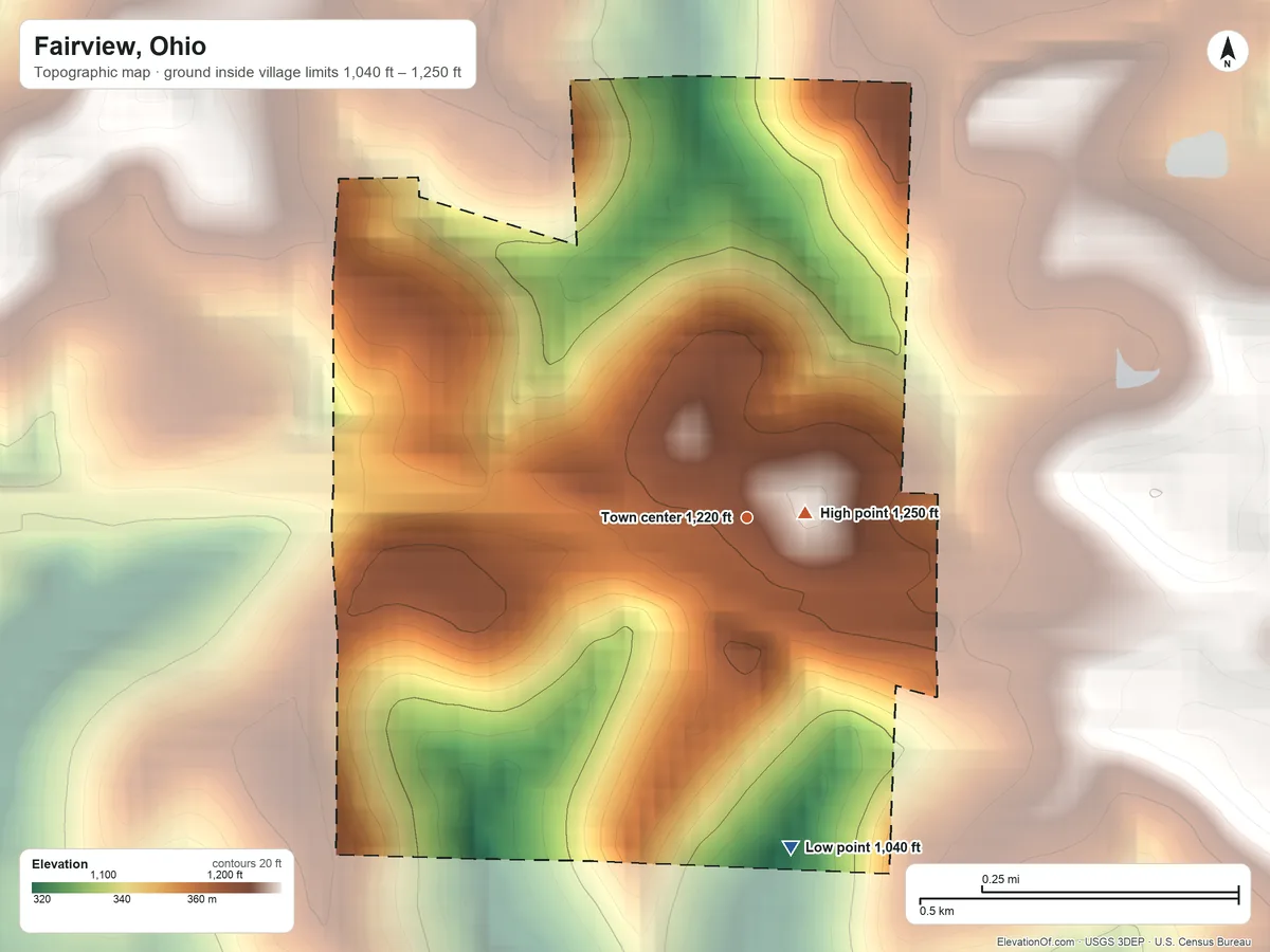 Topographic elevation map of Fairview, Ohio, shaded from 1,040 ft on the south side to 1,250 ft near the middle