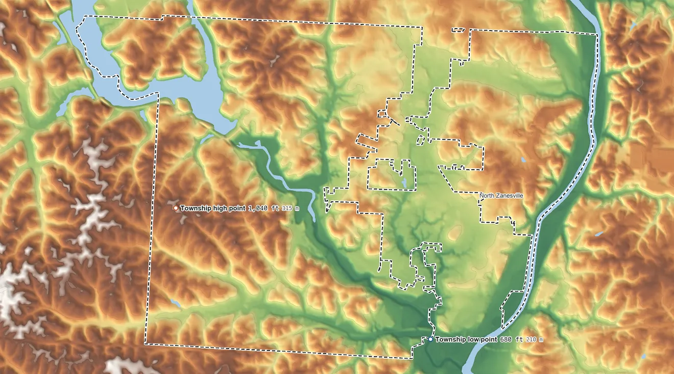 Topographic elevation map of Falls Township, Muskingum County, Ohio, shaded from 680 ft on the south side to 1,040 ft on the west side