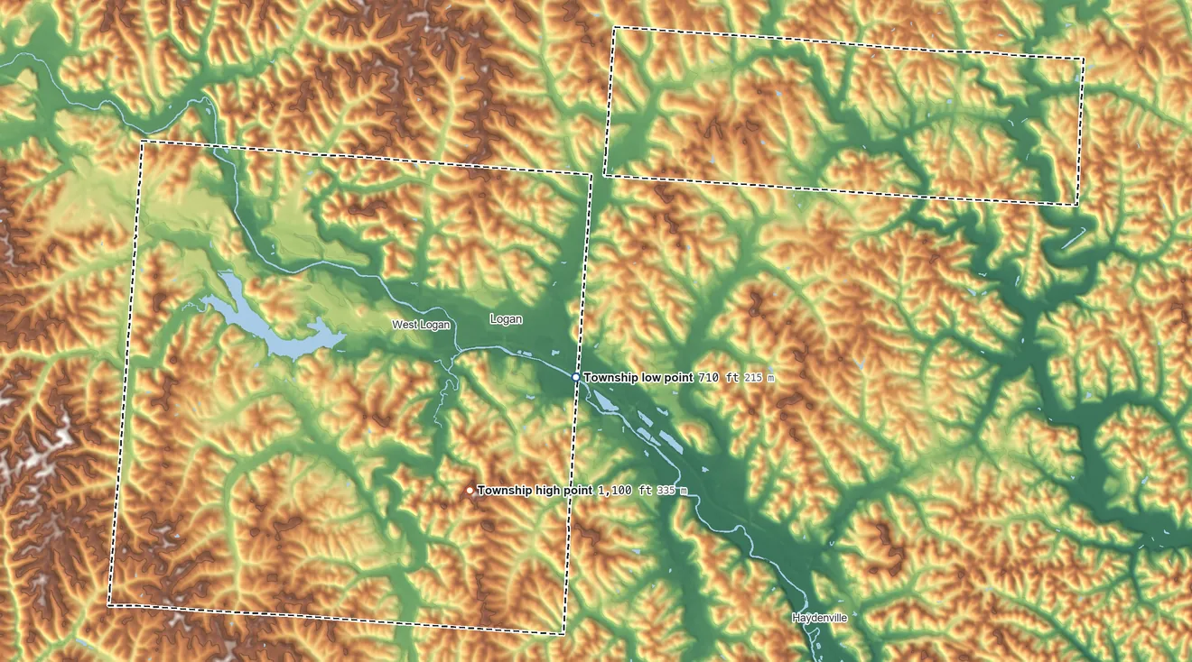 Topographic elevation map of Falls Township, Ohio, shaded from 710 ft on the southeast side to 1,100 ft on Schultz Hill