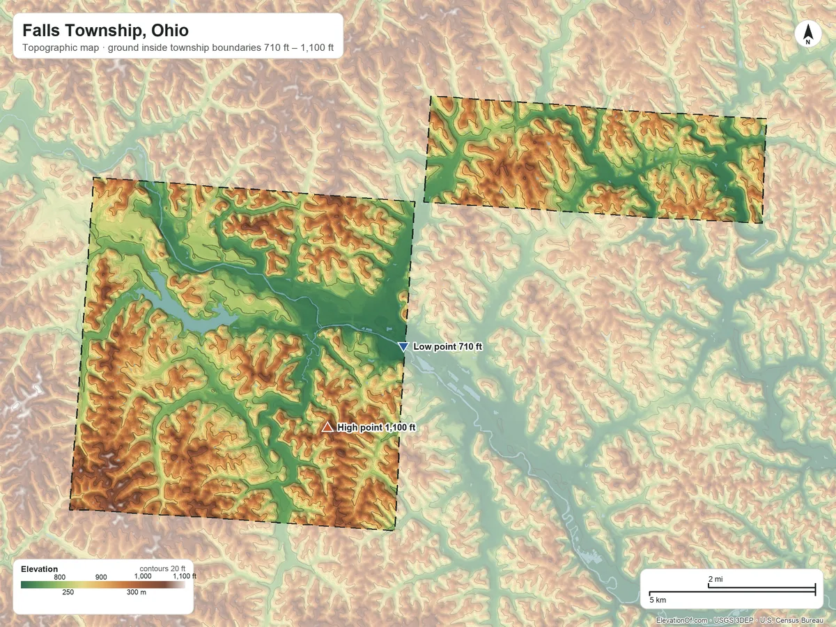 Topographic elevation map of Falls Township, Ohio, shaded from 710 ft on the southeast side to 1,100 ft on Schultz Hill