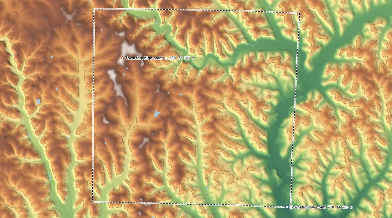 Topographic elevation map of Fallsbury Township, Ohio, shaded from 770 ft on the southeast side to 1,260 ft on the northwest side