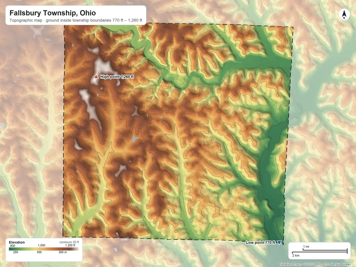Topographic elevation map of Fallsbury Township, Ohio, shaded from 770 ft on the southeast side to 1,260 ft on the northwest side