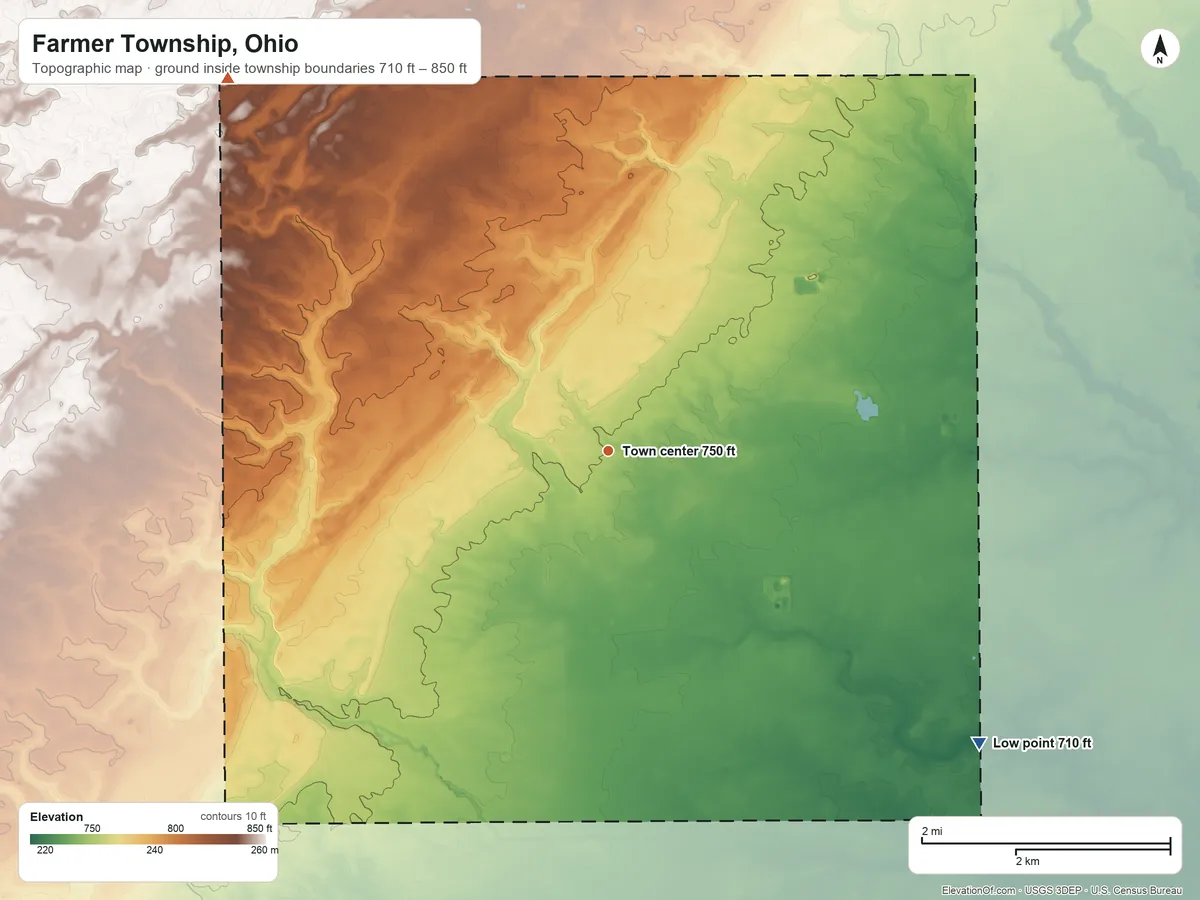 Topographic elevation map of Farmer Township, Ohio, shaded from 710 ft on the southeast side to 850 ft on the northwest side
